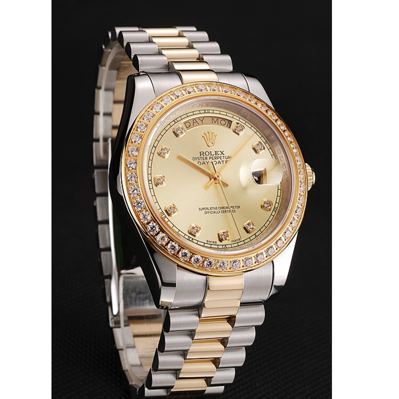 MiroTime 0719 Swiss Rolex Day-Date Champagne Dial Gold Diamond Case Two Tone Stainless Steel Bracelet 1453974